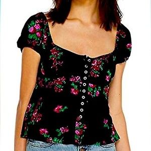 Free People Women's Peasant Short Sleeve Black/Pink Floral Button Front Top M